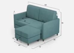 Divano 138x85cm design a due posti con pouf stoffa idrorepellente blu petrolio DI26