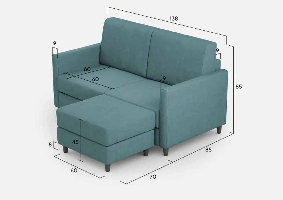 Divano 138x85cm design a due posti con pouf stoffa idrorepellente blu petrolio DI26