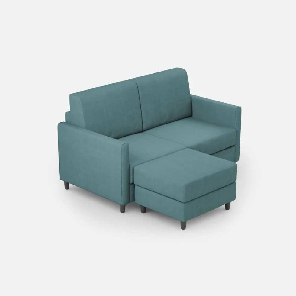 Divano 138x85cm design a due posti con pouf stoffa idrorepellente blu petrolio DI26