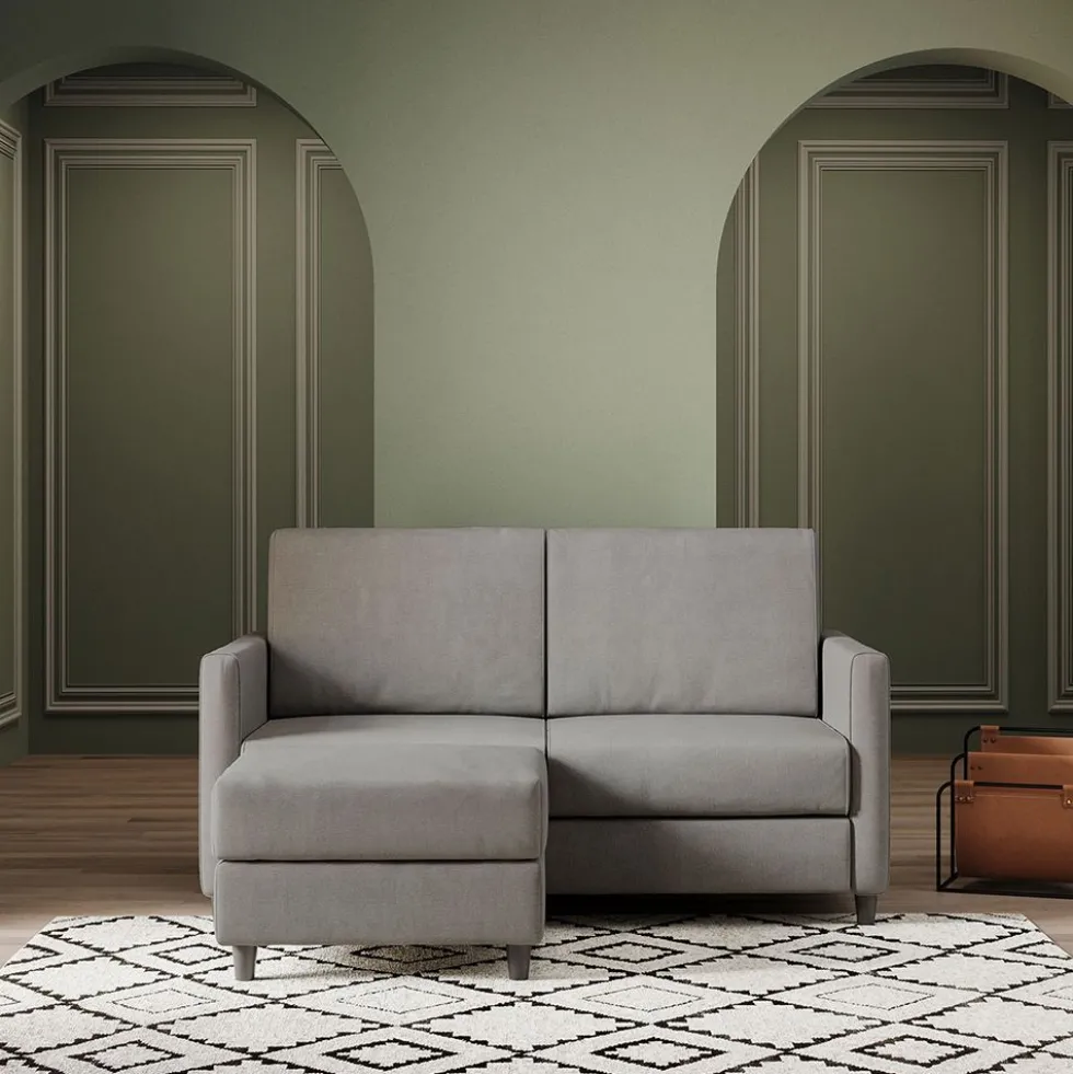 Divano 138x85cm design a due posti con pouf stoffa idrorepellente grigio DI26