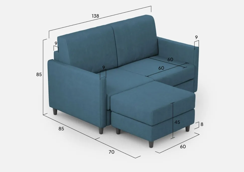 Divano 138x85cm design a due posti con pouf stoffa idrorepellente blu avio DI26