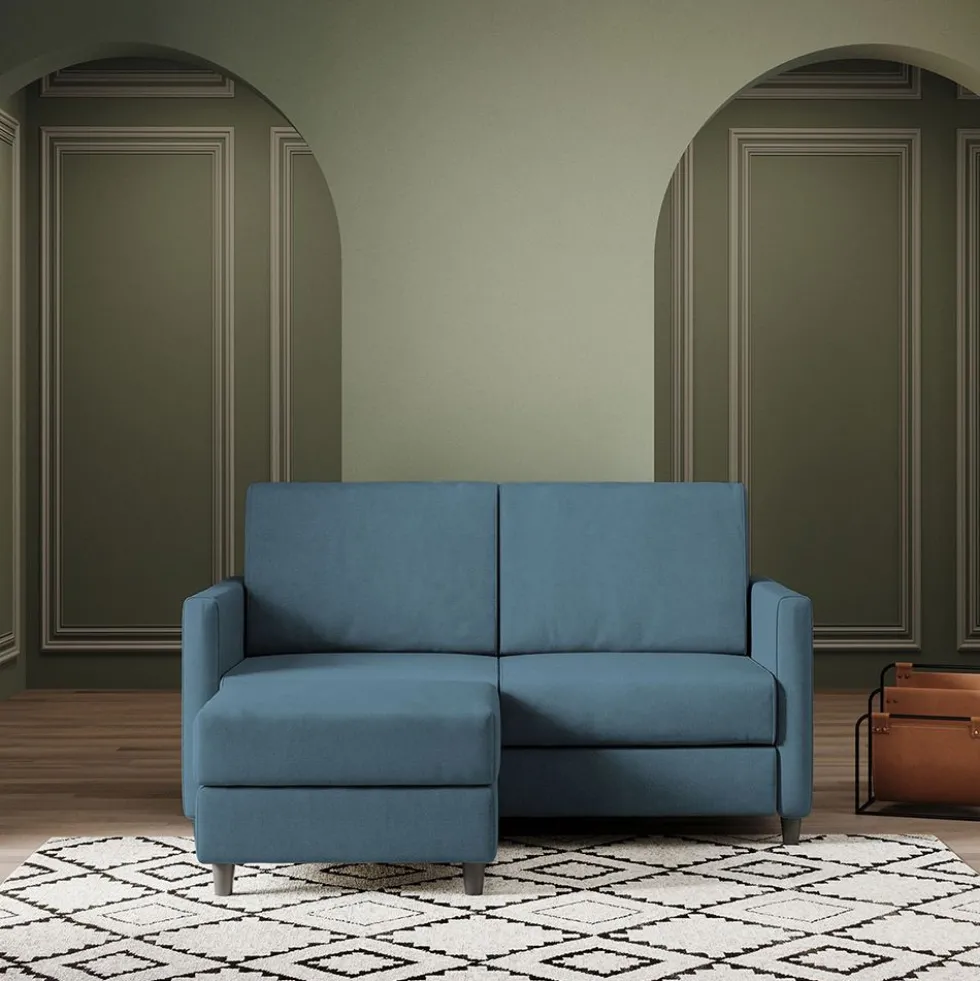 Divano 138x85cm design a due posti con pouf stoffa idrorepellente blu avio DI26