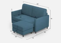 Divano 138x85cm design a due posti con pouf stoffa idrorepellente blu avio DI26
