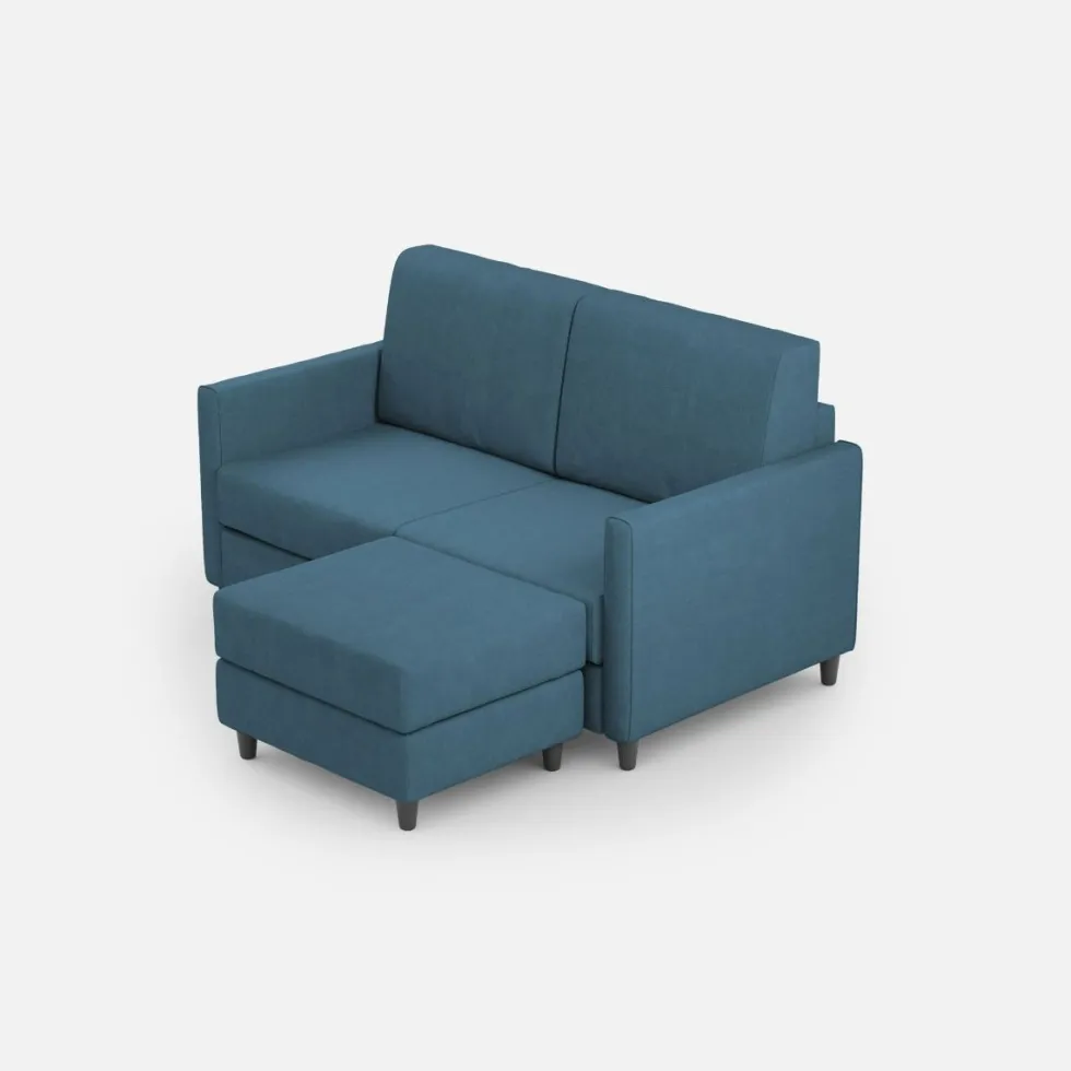 Divano 138x85cm design a due posti con pouf stoffa idrorepellente blu avio DI26
