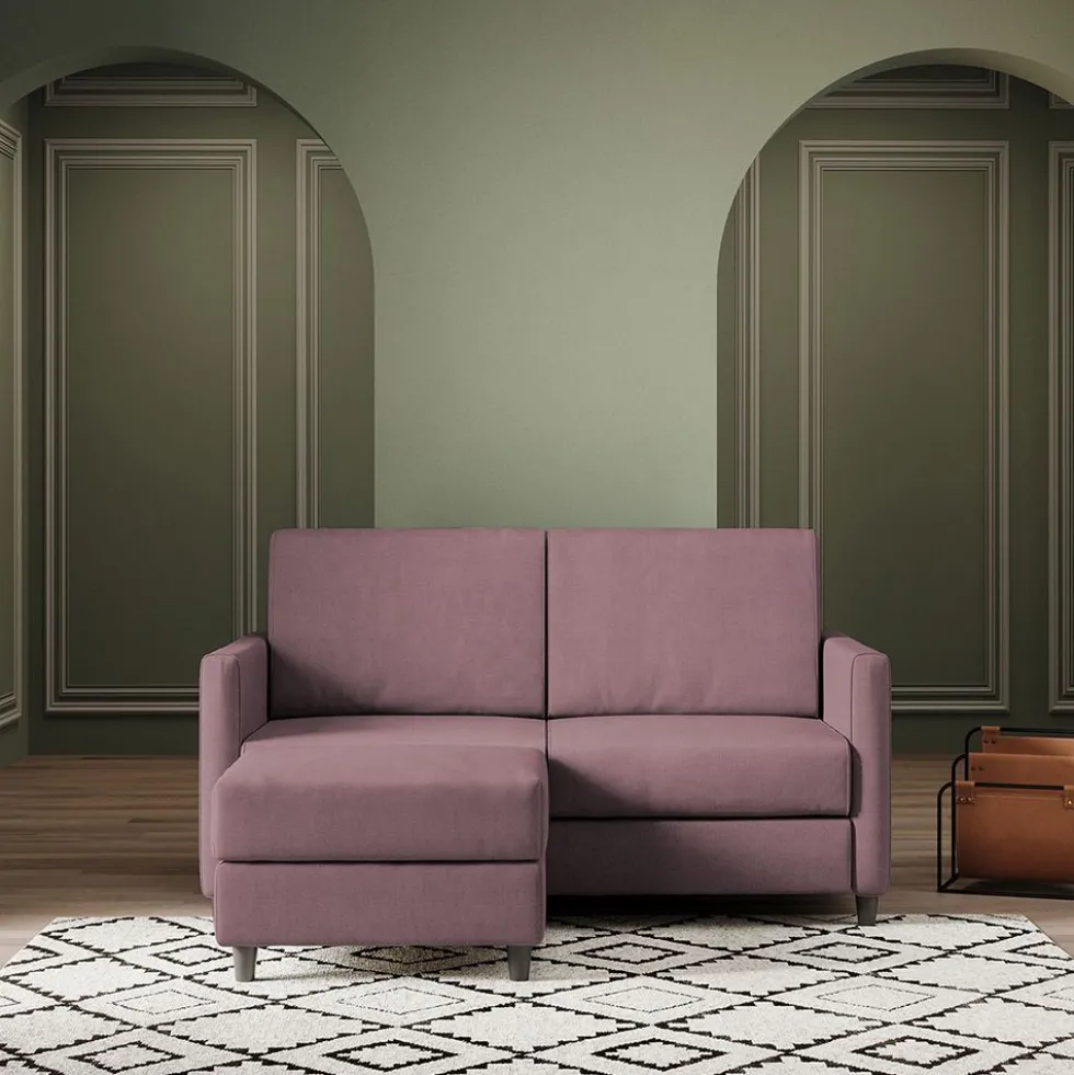 Divano 138x85cm design a due posti con pouf stoffa idrorepellente prugna DI26