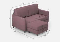 Divano 138x85cm design a due posti con pouf stoffa idrorepellente prugna DI26