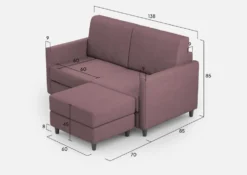 Divano 138x85cm design a due posti con pouf stoffa idrorepellente prugna DI26