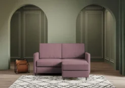 Divano 138x85cm design a due posti con pouf stoffa idrorepellente prugna DI26