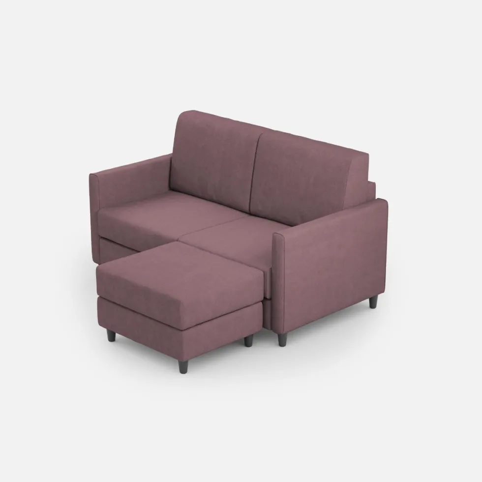 Divano 138x85cm design a due posti con pouf stoffa idrorepellente prugna DI26