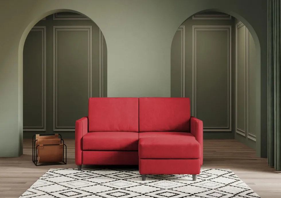 Divano 138x85cm design a due posti con pouf stoffa idrorepellente rosso DI26