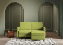 Divano 138x85cm design a due posti con pouf stoffa idrorepellente verde DI26