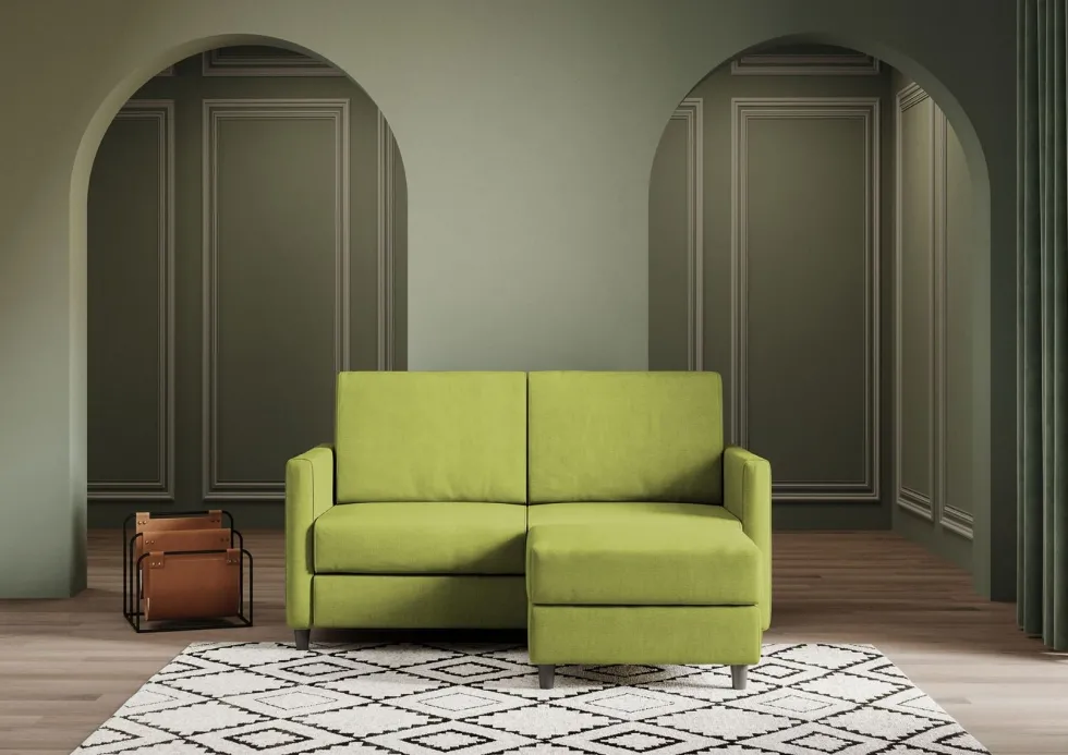 Divano 138x85cm design a due posti con pouf stoffa idrorepellente verde DI26