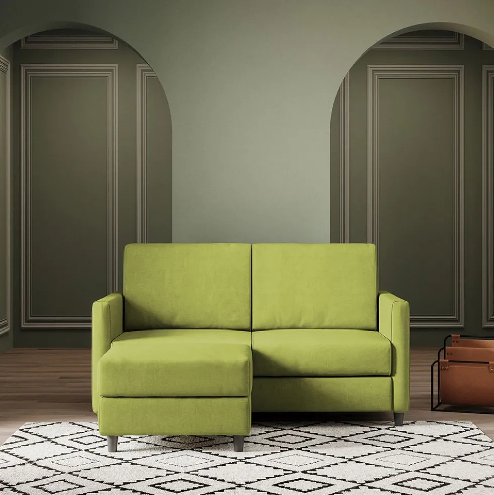 Divano 138x85cm design a due posti con pouf stoffa idrorepellente verde DI26