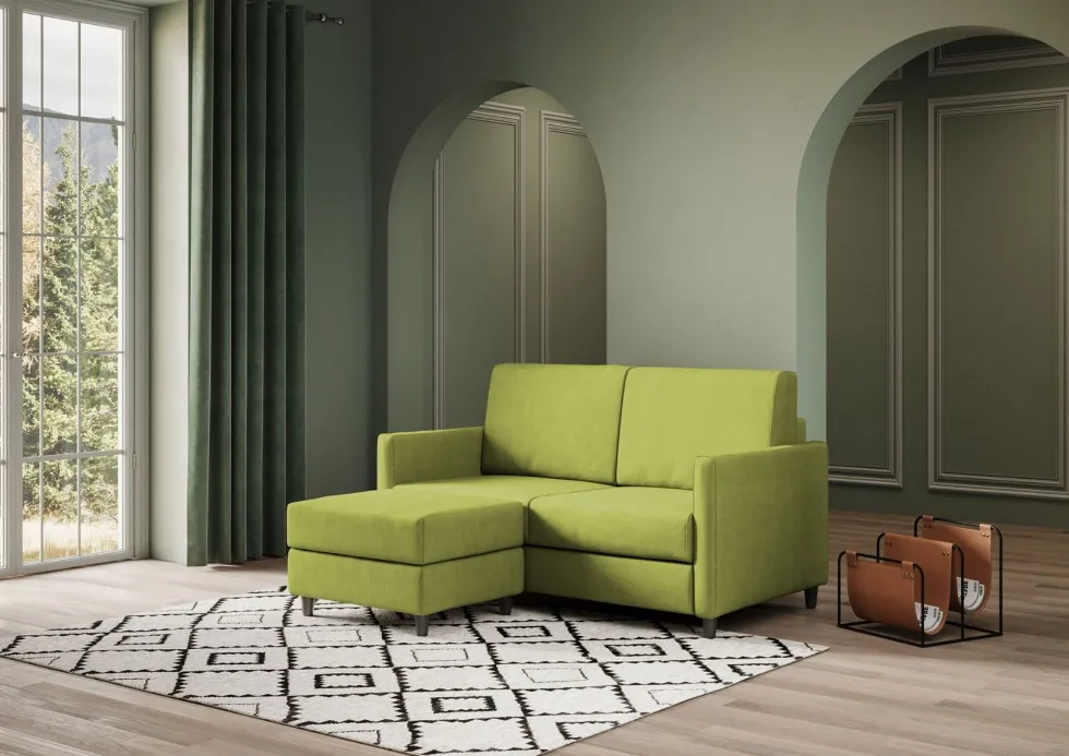 Divano 138x85cm design a due posti con pouf stoffa idrorepellente verde DI26