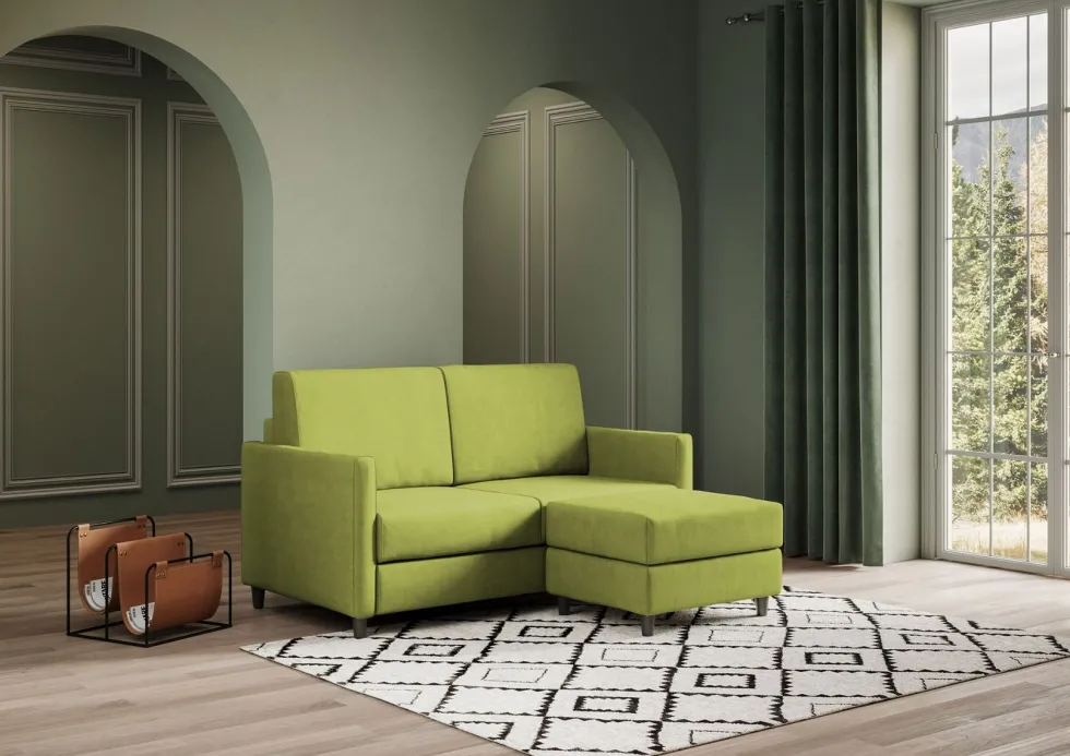 Divano 138x85cm design a due posti con pouf stoffa idrorepellente verde DI26