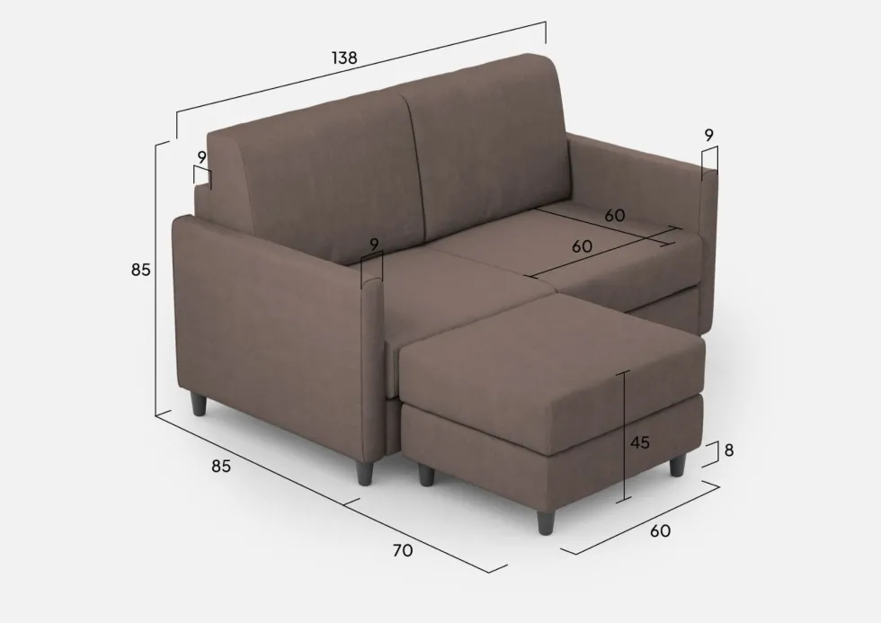 Divano 138x85cm design a due posti con pouf stoffa idrorepellente talpa DI26