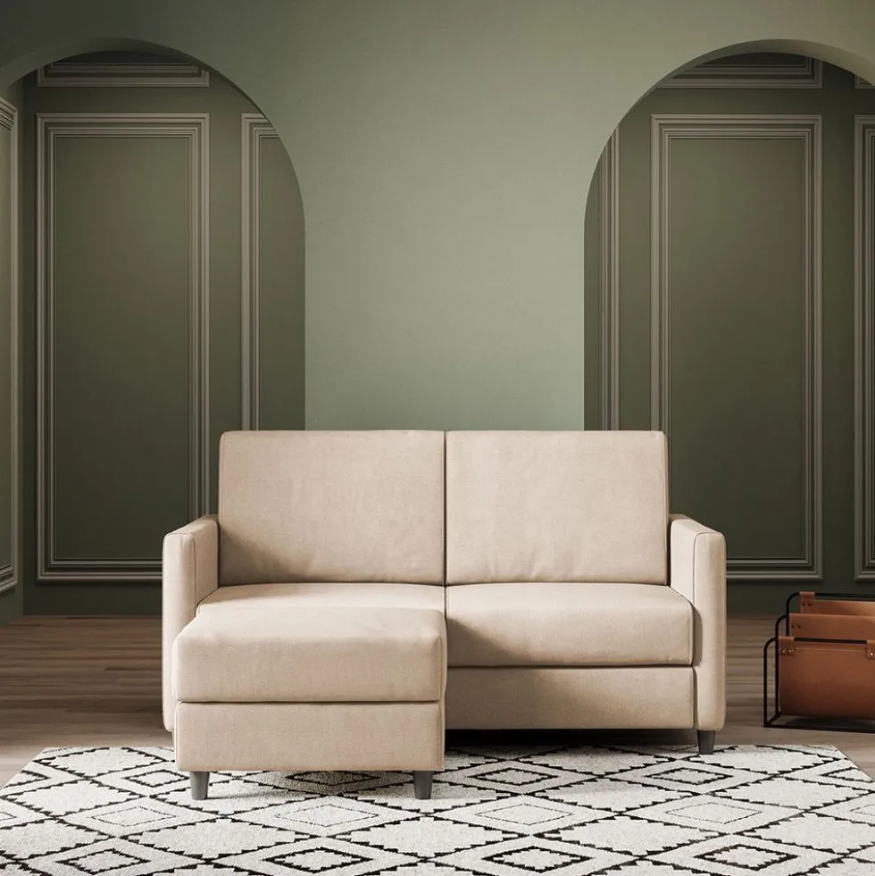 Divano 138x85cm design a due posti con pouf stoffa idrorepellente beige DI26