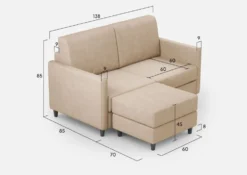 Divano 138x85cm design a due posti con pouf stoffa idrorepellente beige DI26