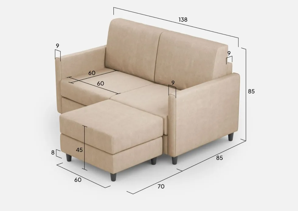 Divano 138x85cm design a due posti con pouf stoffa idrorepellente beige DI26