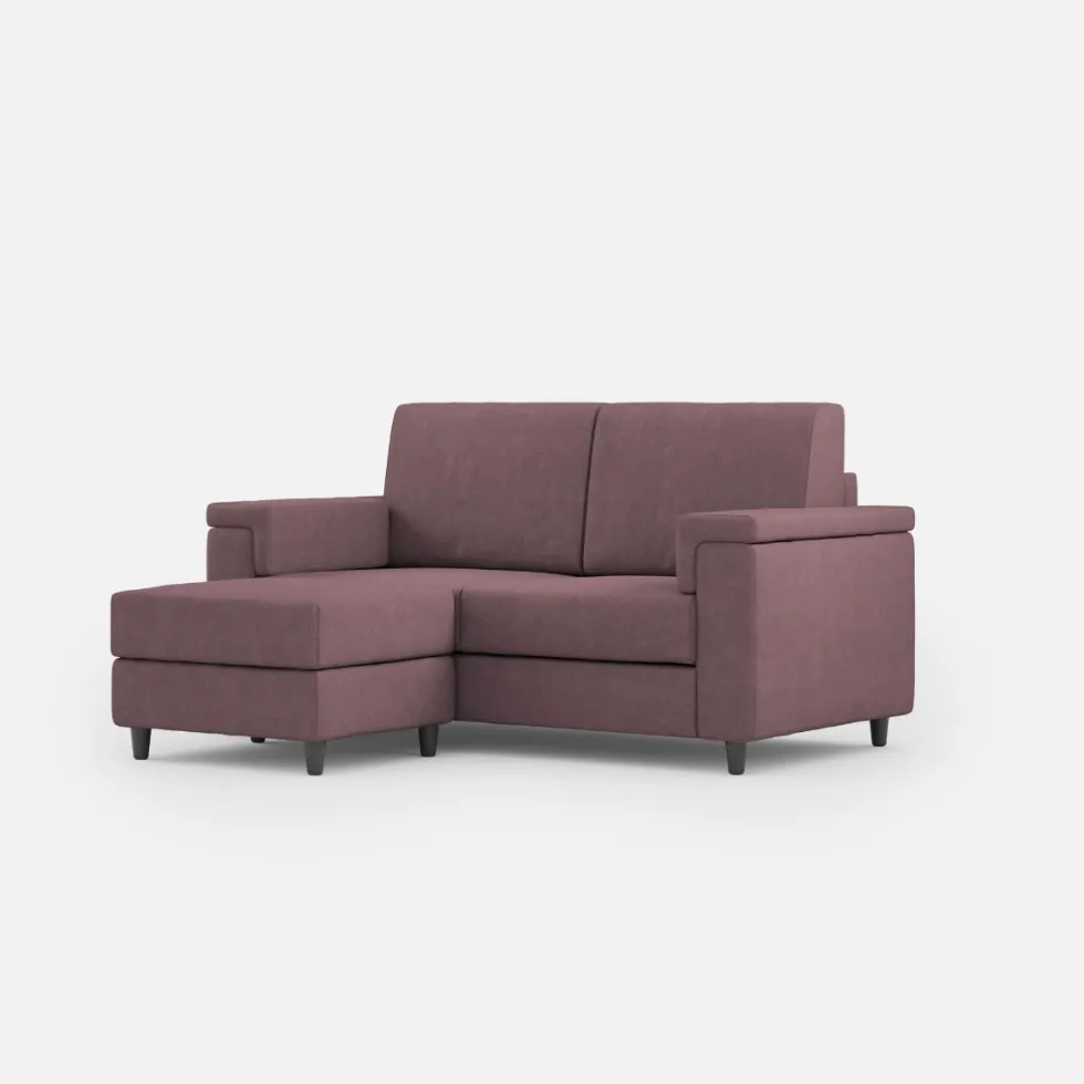Divano 148x85cm design a due posti con bracciolo squadrato e con pouf prugna DI4
