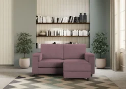 Divano 148x85cm design a due posti con bracciolo squadrato e con pouf prugna DI4