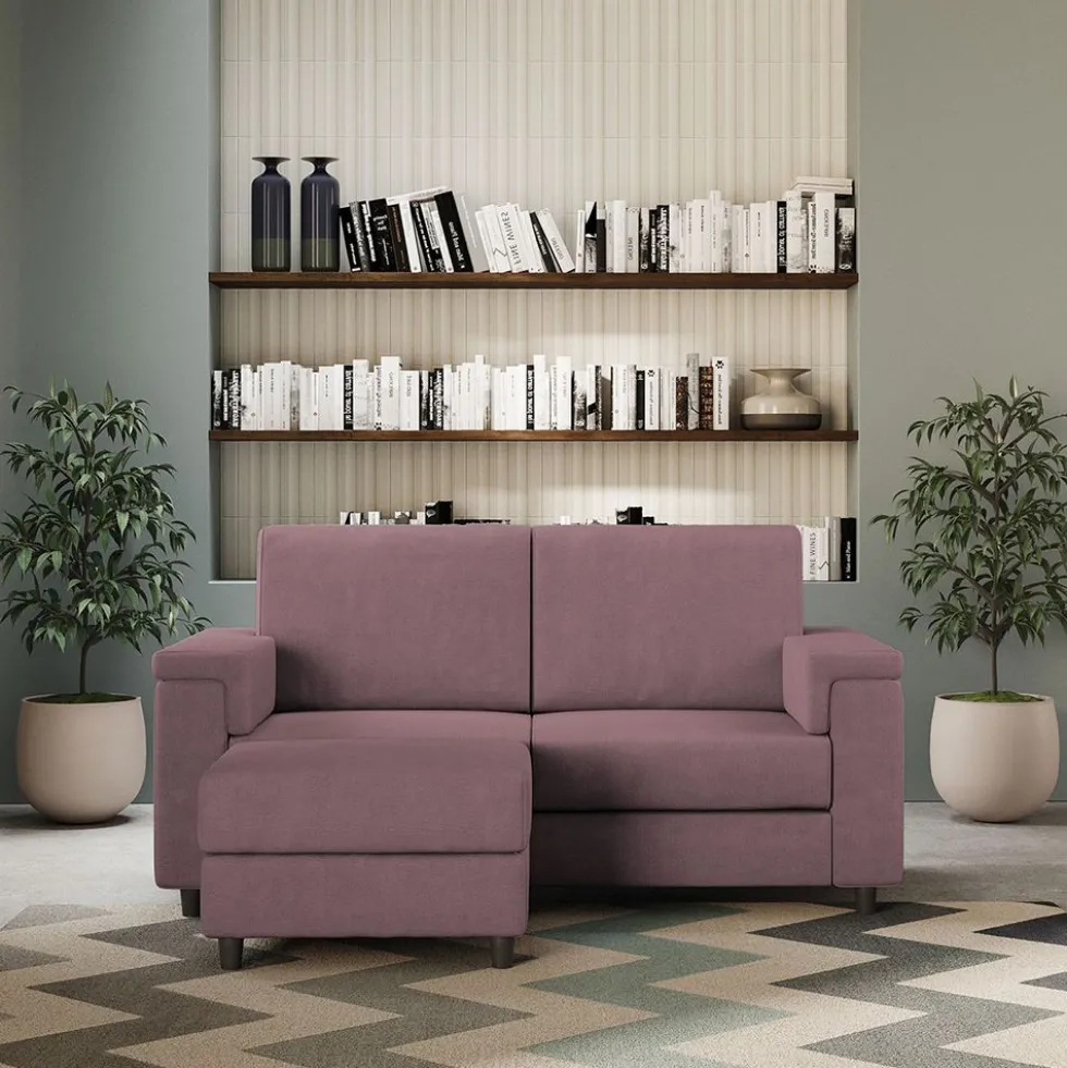 Divano 148x85cm design a due posti con bracciolo squadrato e con pouf prugna DI4