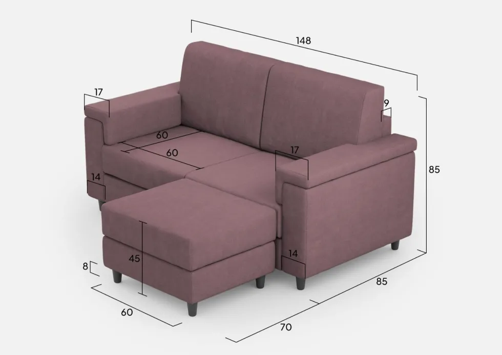 Divano 148x85cm design a due posti con bracciolo squadrato e con pouf prugna DI4