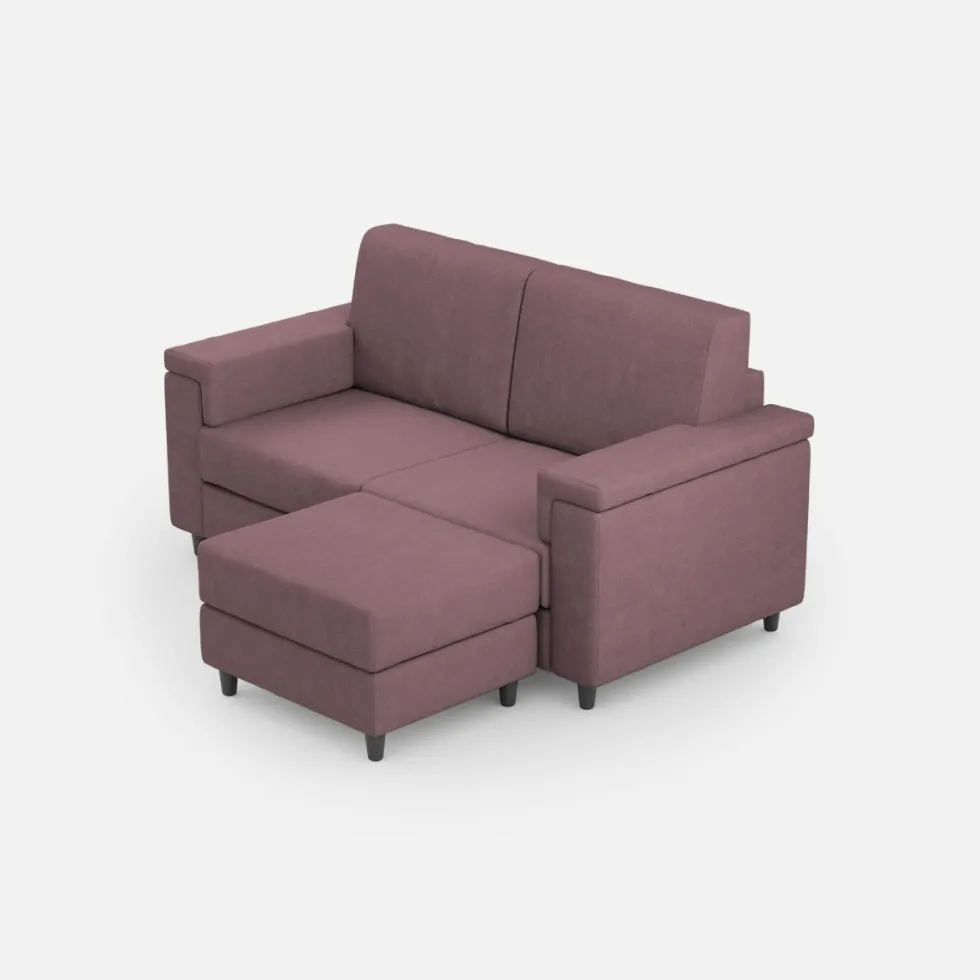 Divano 148x85cm design a due posti con bracciolo squadrato e con pouf prugna DI4