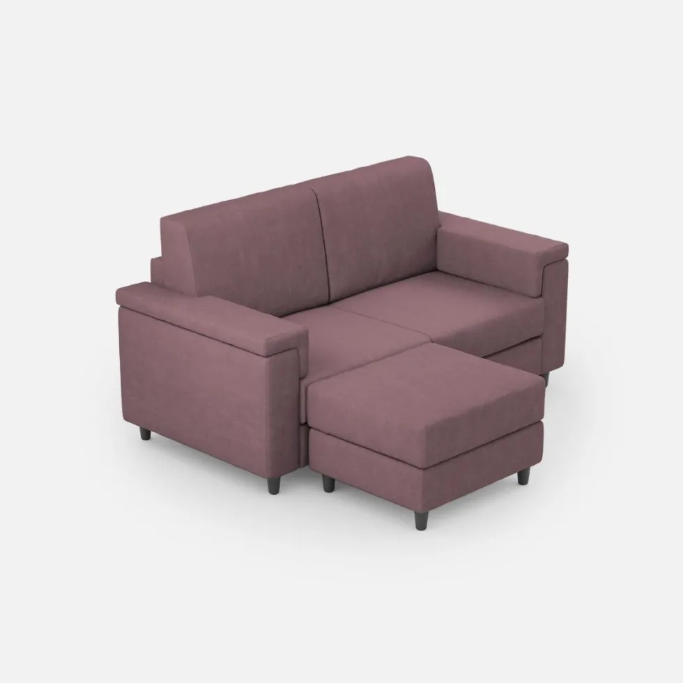 Divano 148x85cm design a due posti con bracciolo squadrato e con pouf prugna DI4