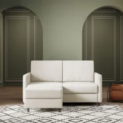 Divano 138x85cm design a due posti con pouf stoffa idrorepellente bianco latte DI26