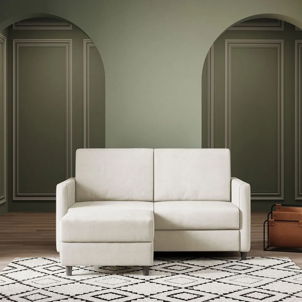 Divano 138x85cm design a due posti con pouf stoffa idrorepellente bianco latte DI26