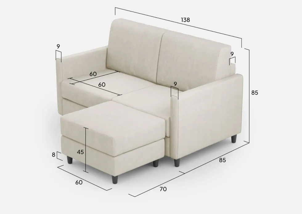 Divano 138x85cm design a due posti con pouf stoffa idrorepellente bianco latte DI26