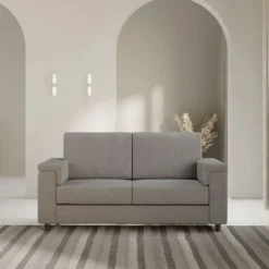 Divano 168x85cm design a due posti con bracciolo squadrato stoffa idrorepellente grigio DI2