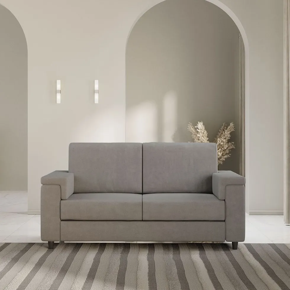 Divano 168x85cm design a due posti con bracciolo squadrato stoffa idrorepellente grigio DI2