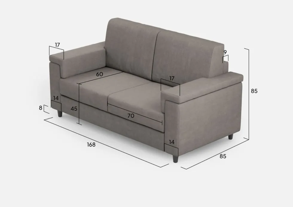 Divano 168x85cm design a due posti con bracciolo squadrato stoffa idrorepellente grigio DI2