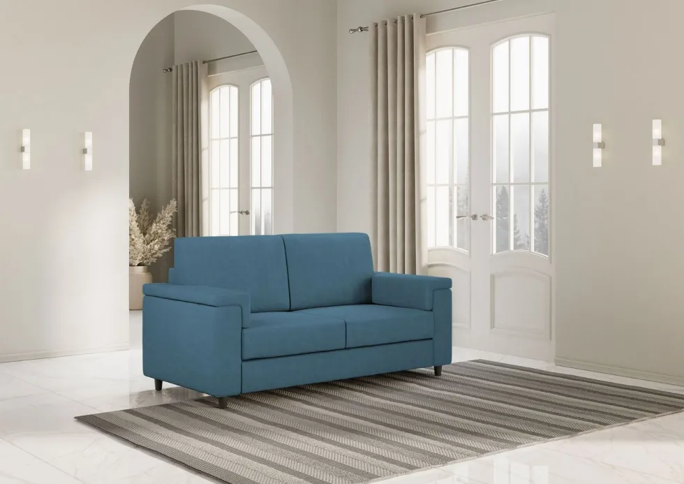 Divano 168x85cm design a due posti con bracciolo squadrato stoffa idrorepellente blu avio DI2