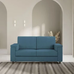 Divano 168x85cm design a due posti con bracciolo squadrato stoffa idrorepellente blu avio DI2