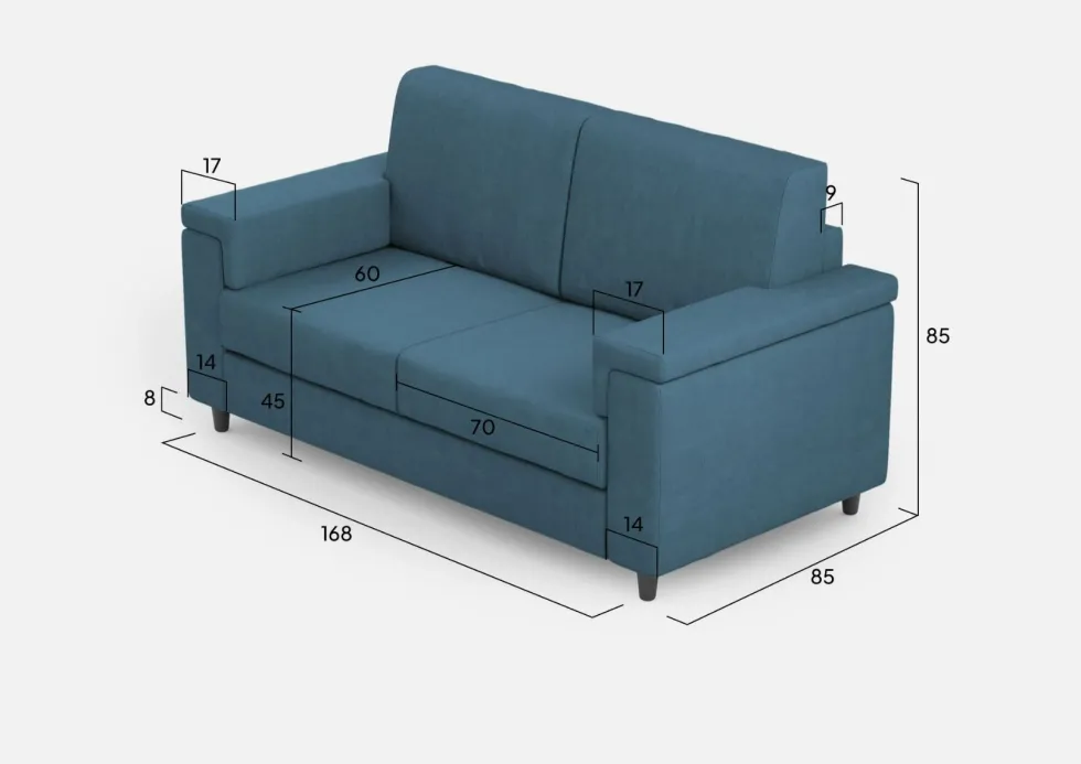 Divano 168x85cm design a due posti con bracciolo squadrato stoffa idrorepellente blu avio DI2
