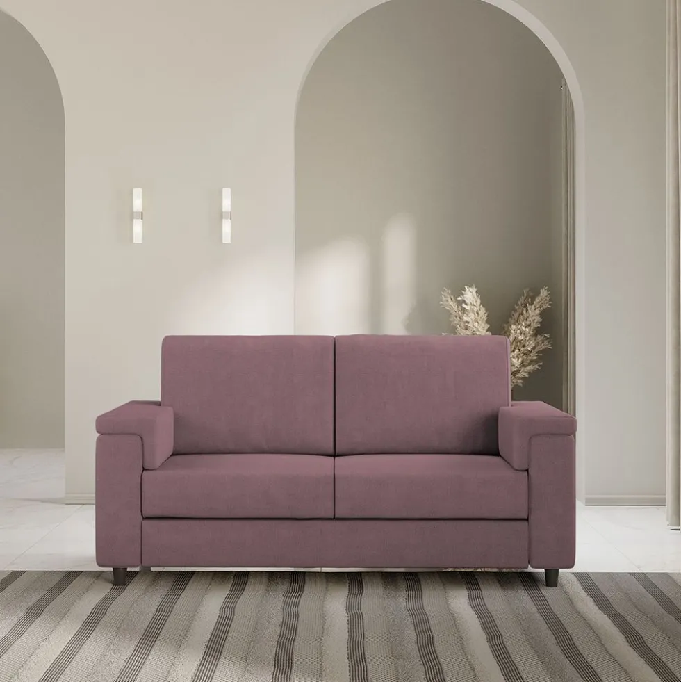 Divano 168x85cm design a due posti con bracciolo squadrato stoffa idrorepellente prugna DI2