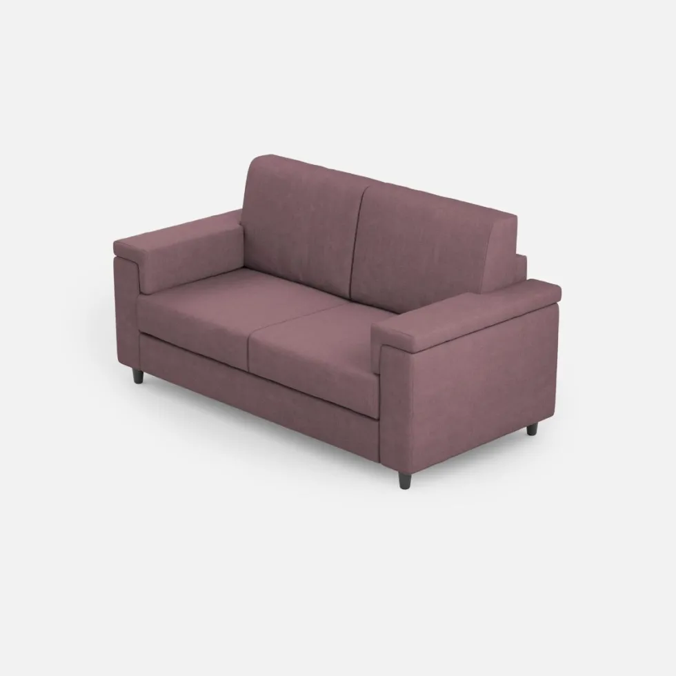 Divano 168x85cm design a due posti con bracciolo squadrato stoffa idrorepellente prugna DI2