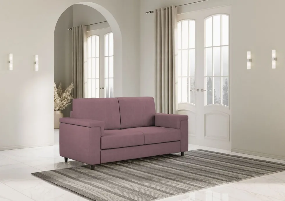 Divano 168x85cm design a due posti con bracciolo squadrato stoffa idrorepellente prugna DI2
