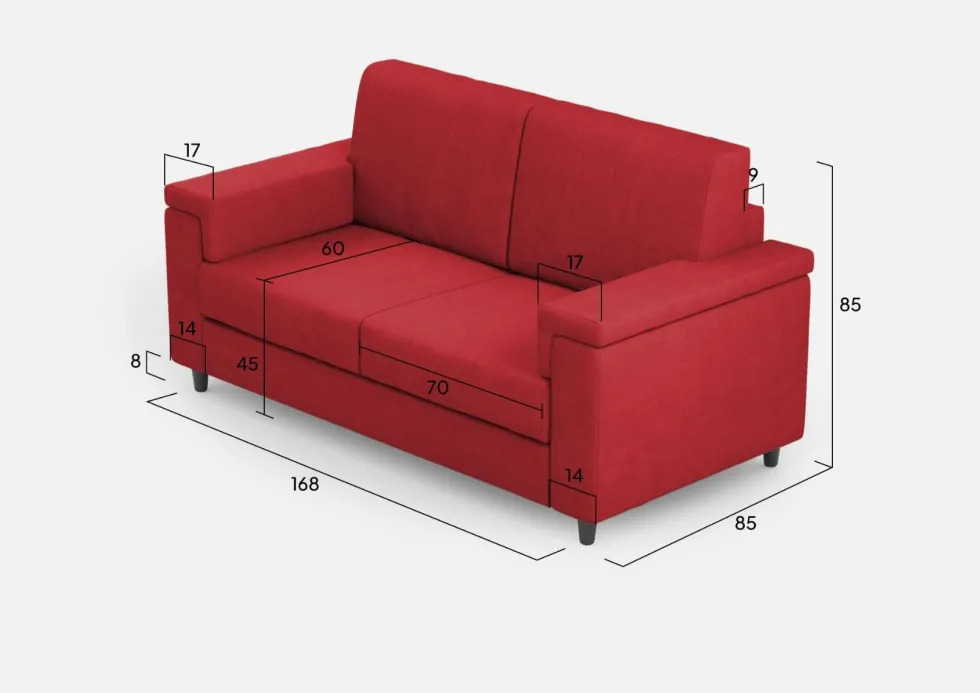Divano 168x85cm design a due posti con bracciolo squadrato stoffa idrorepellente rosso DI2