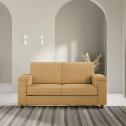 Divano 168x85cm design a due posti con bracciolo squadrato stoffa idrorepellente ocra DI2