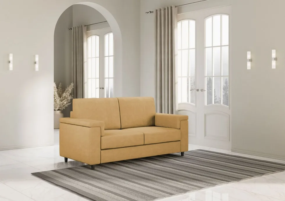 Divano 168x85cm design a due posti con bracciolo squadrato stoffa idrorepellente ocra DI2