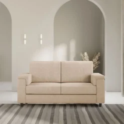 Divano 168x85cm design a due posti con bracciolo squadrato stoffa idrorepellente beige DI2