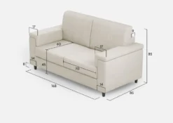 Divano 168x85cm design a due posti con bracciolo squadrato stoffa idrorepellente bianco latte DI2