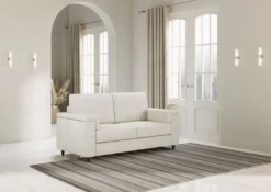 Divano 168x85cm design a due posti con bracciolo squadrato stoffa idrorepellente bianco latte DI2