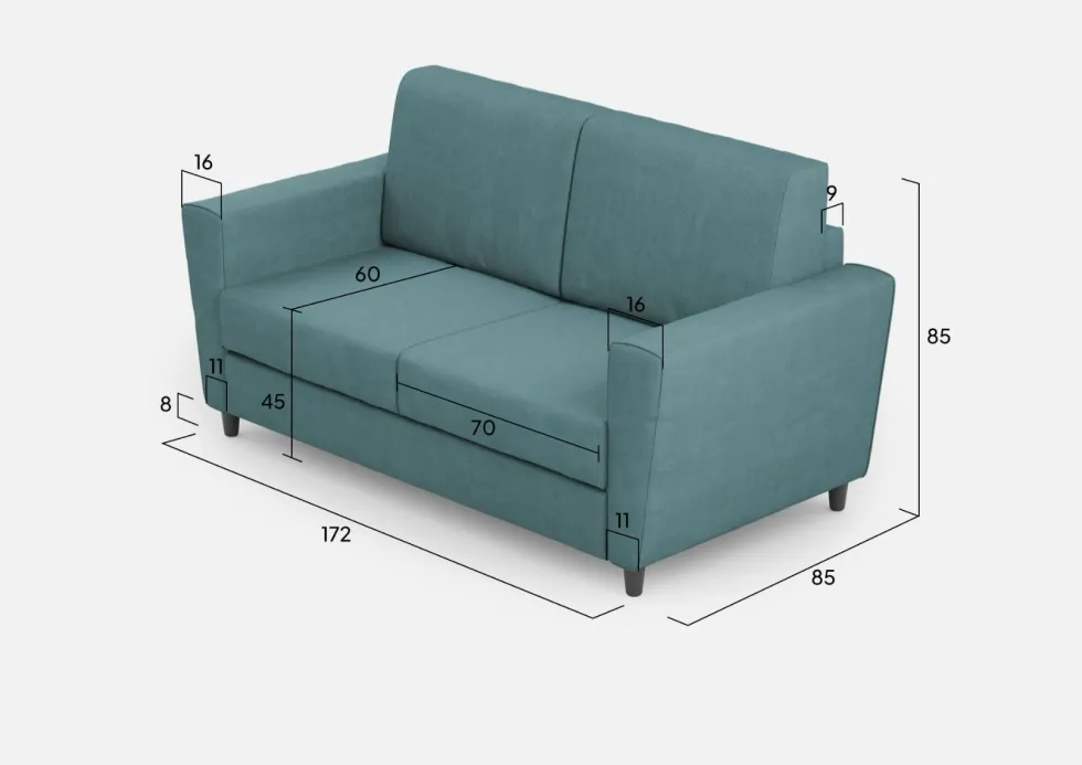 Divano 172x85cm design a due posti con piedini in legno e stoffa idrorepellente blu petrolio DI35