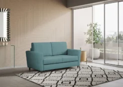 Divano 172x85cm design a due posti con piedini in legno e stoffa idrorepellente blu petrolio DI35