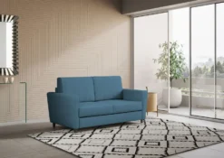 Divano 172x85cm design a due posti con piedini in legno e stoffa idrorepellente blu avio DI35
